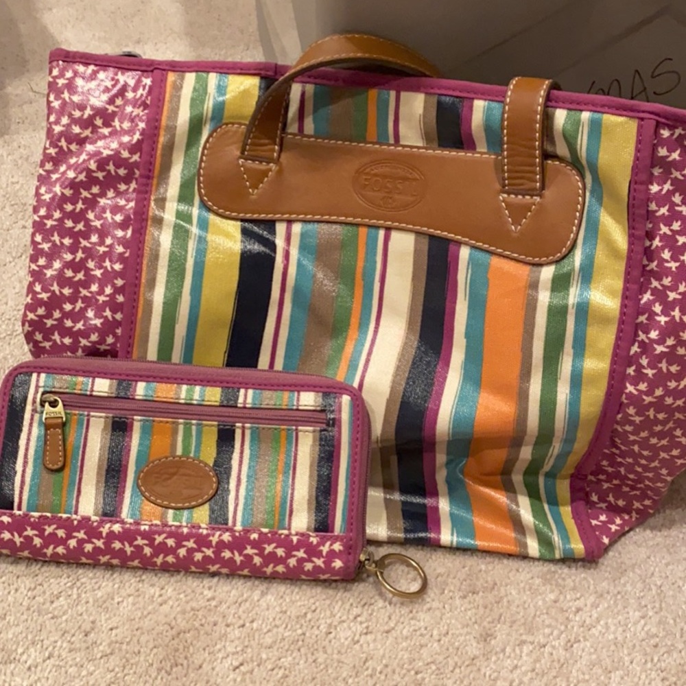 Fossil multi color tote with matching wallet